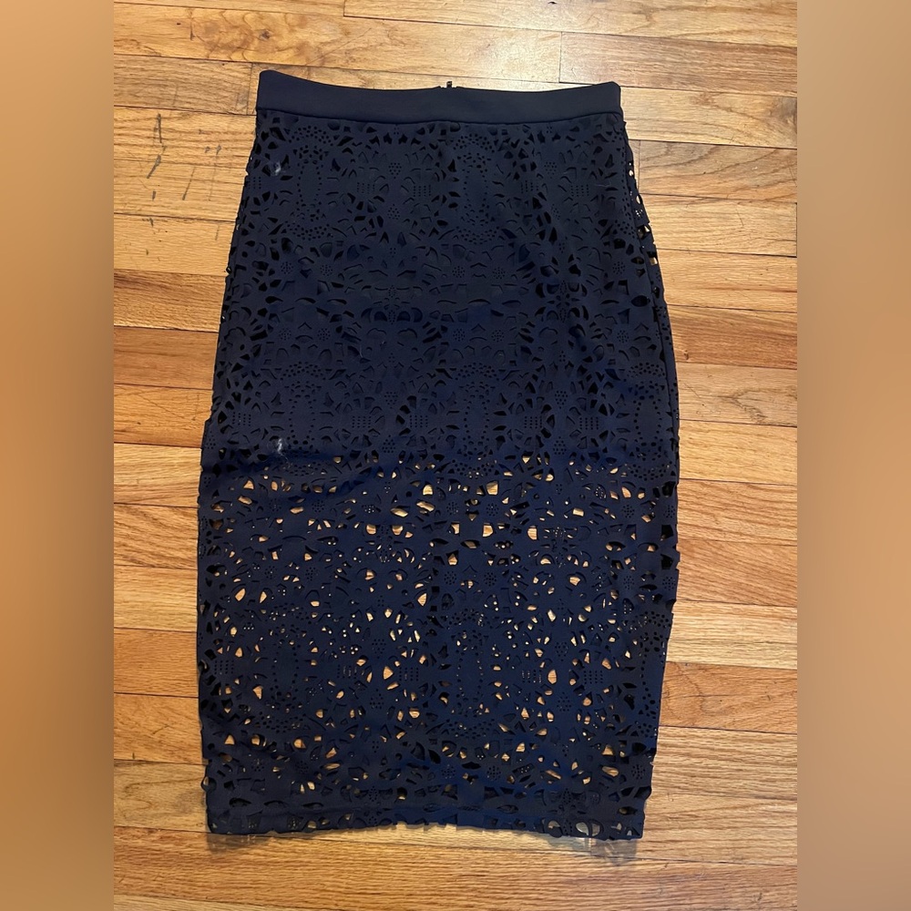 re:named Navy Blue Midi Pencil Skirt with Cut Outs